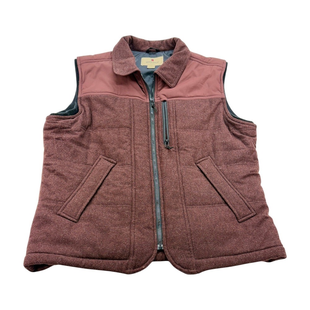 Woolrich Mens Vest Large Quilted Wool Blend Maroon Full Zip Pockets Outdoor